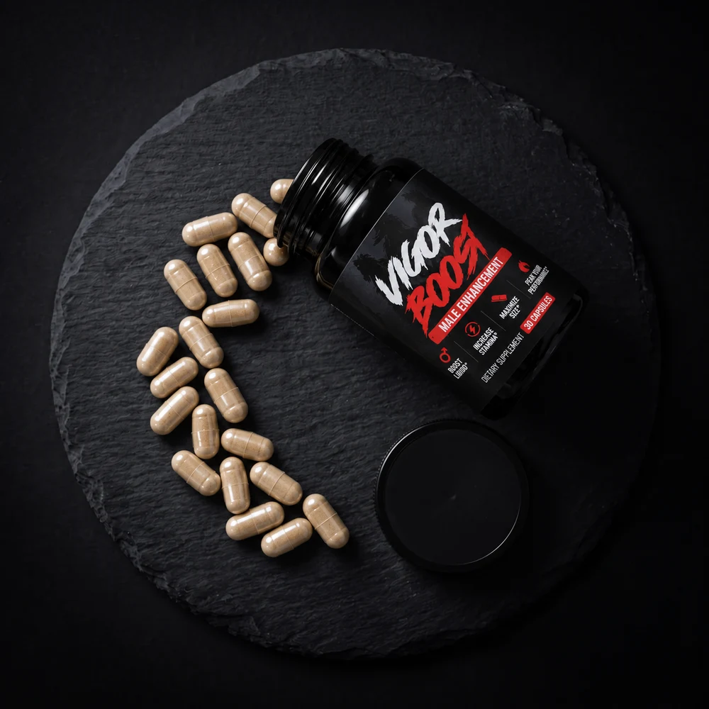 VigorBoost&reg; bottle on dark rock